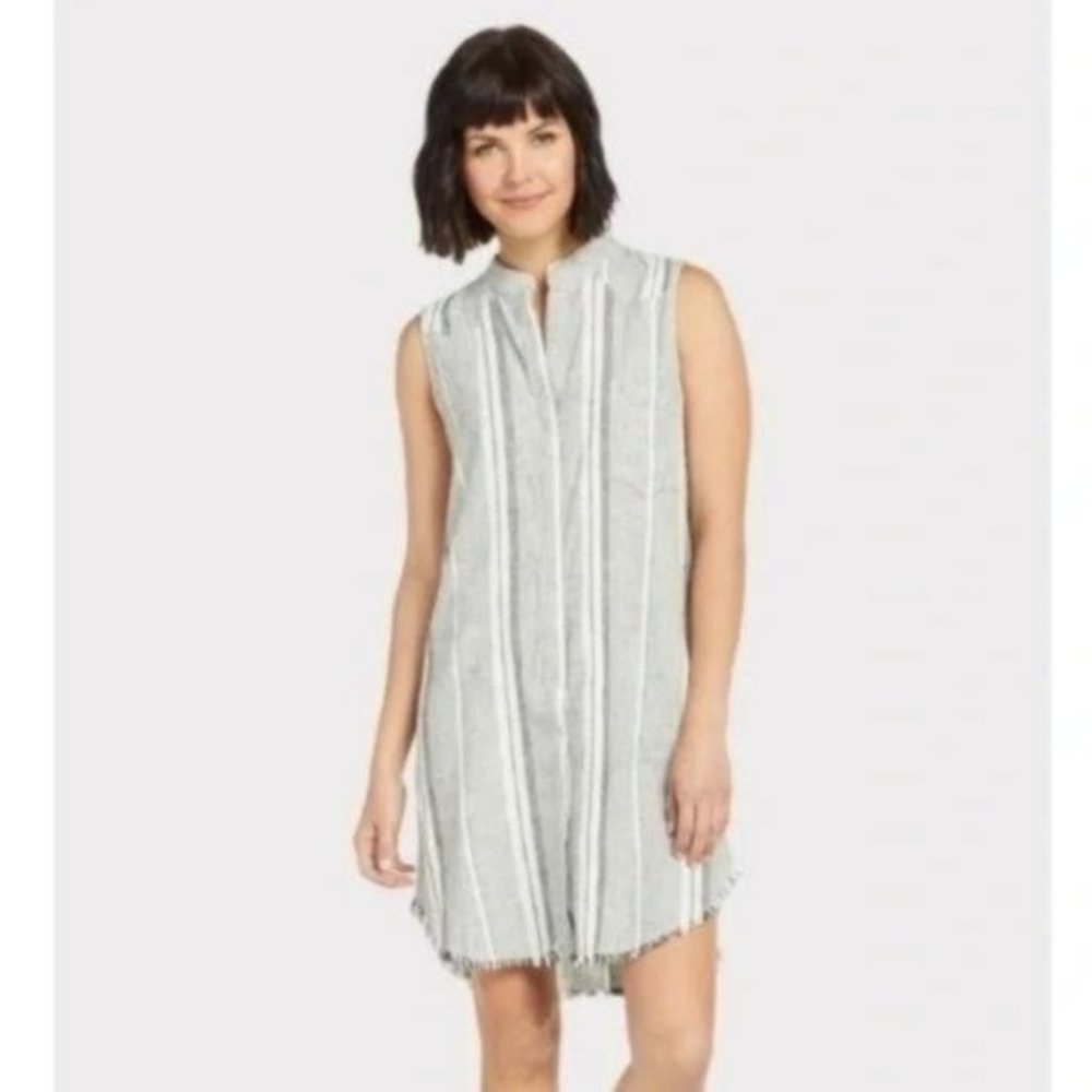 Everve Cloth & Stone Stripe Fray Button Down Dress Gray Linen Blend S Small